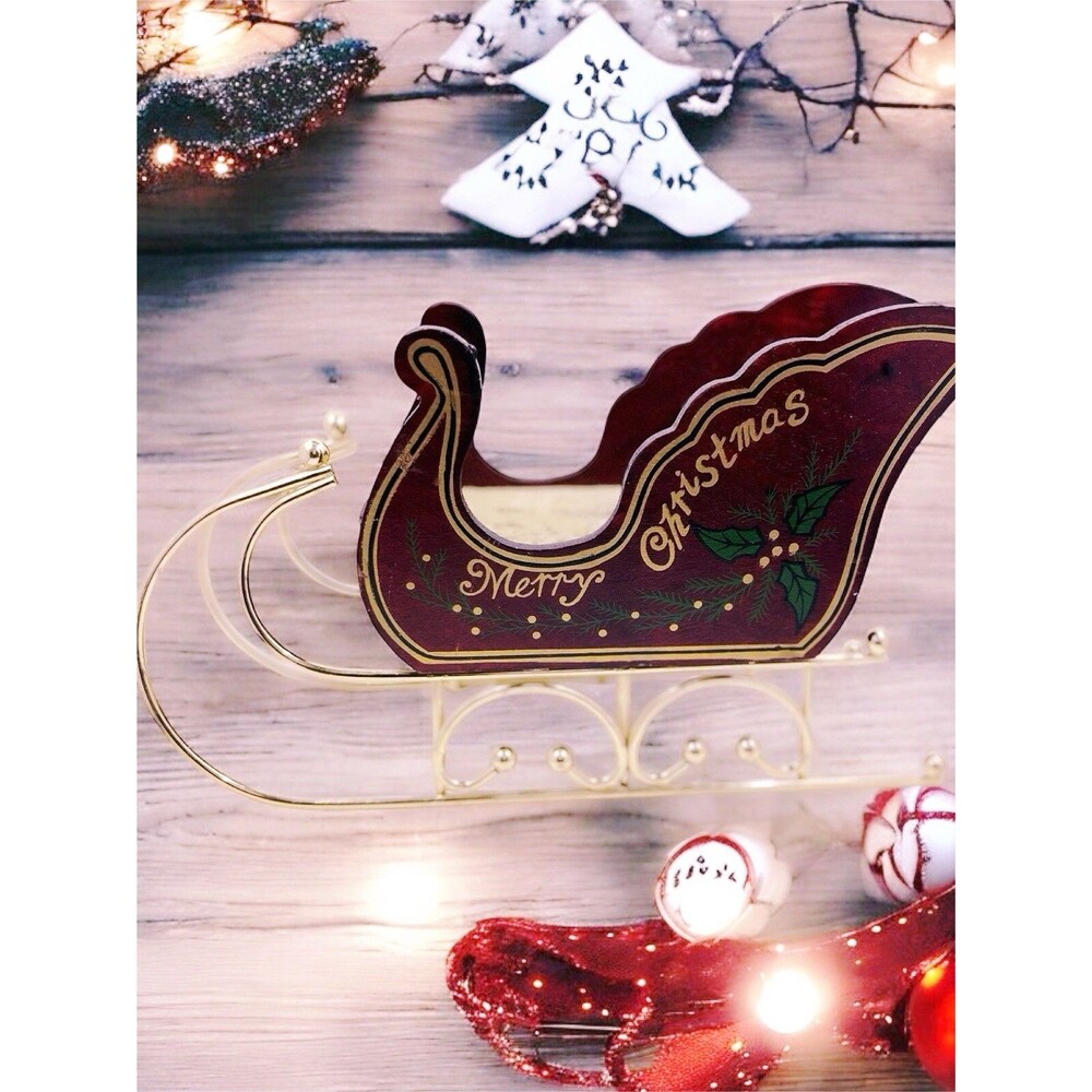 Vtg Wooden Country Christmas Holiday Sleigh Sled Tabletop Mantel Decor Holly